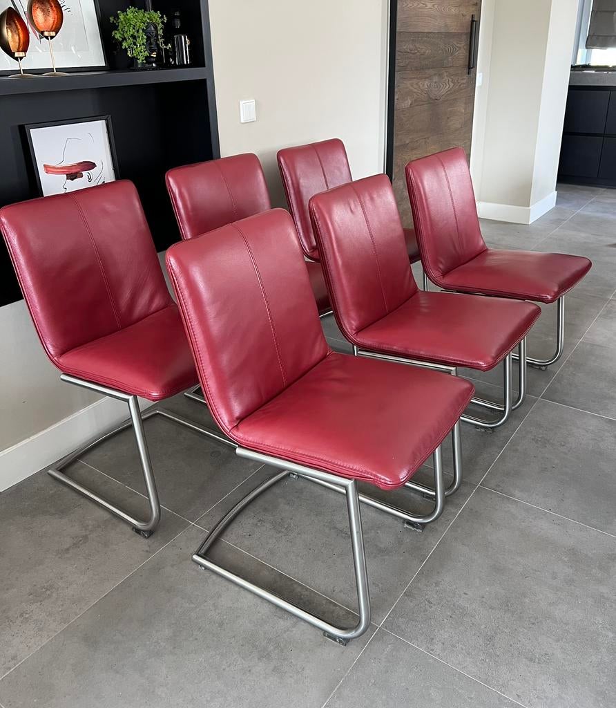 4/6 rood lederen Henders en Hazel design stoelen rvs frame, Ophalen, Niet opgegeven, Zo goed als nieuw, Vijf, Zes of meer stoelen