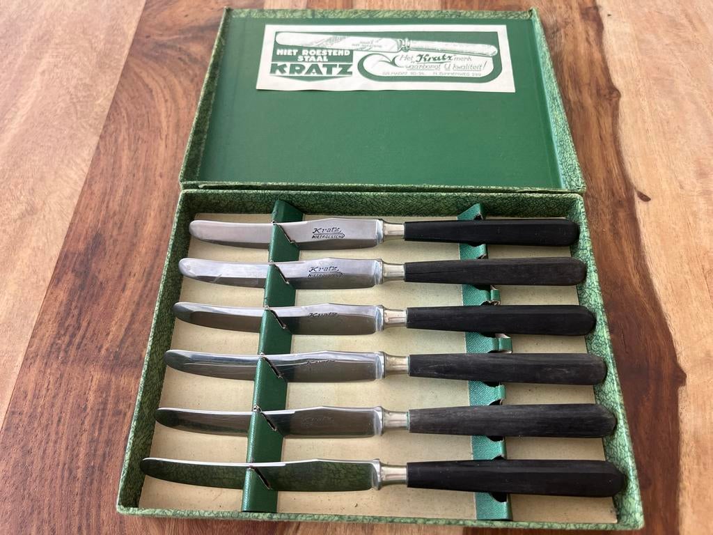 Vintage Kratz roestvrijstalen dinermessen, set van 6 in doos, Ophalen of Verzenden