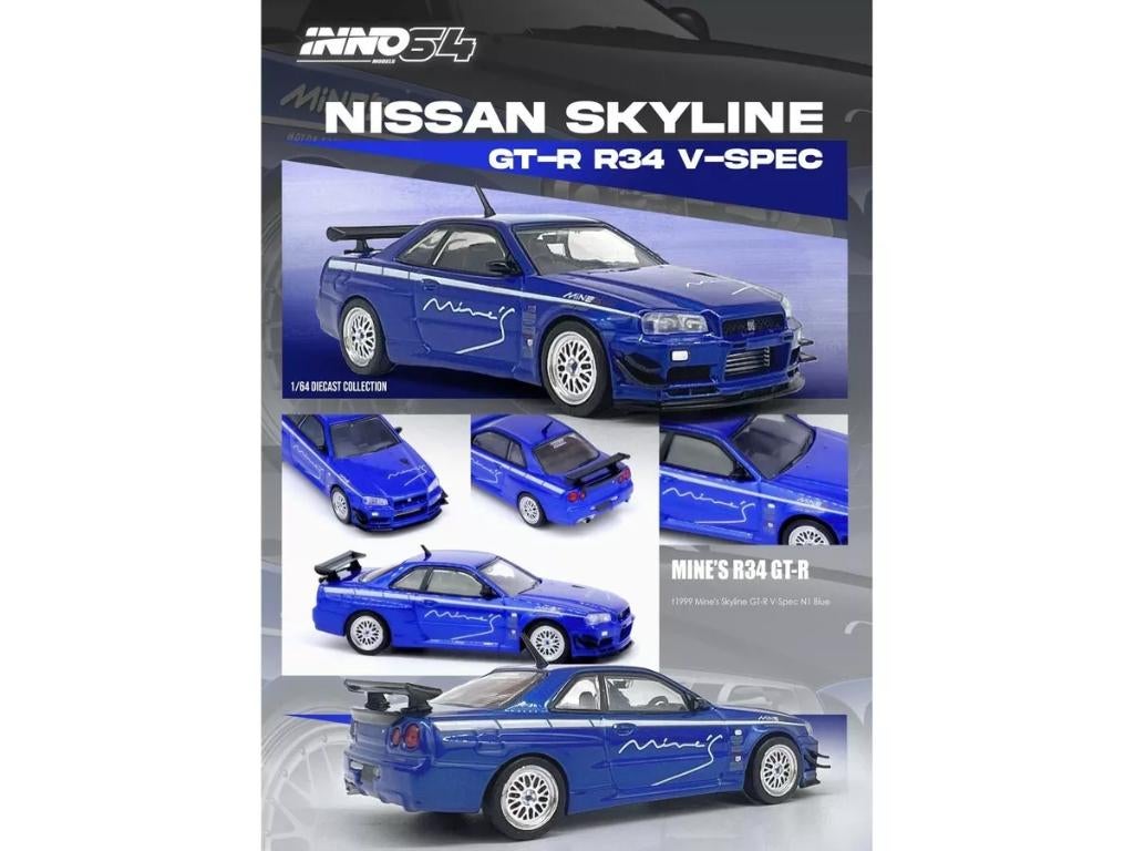 Nissan Skyline GT-R (R34) V-Spec van Inno64 1/64 blue Mine's, Ophalen of Verzenden, Nieuw, Auto