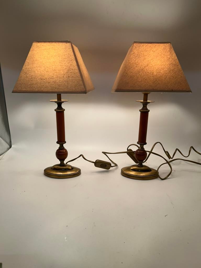 Set Vintage Tafel- / Nachtlampen – Messing & Hout, Antiek en Kunst, Ophalen of Verzenden