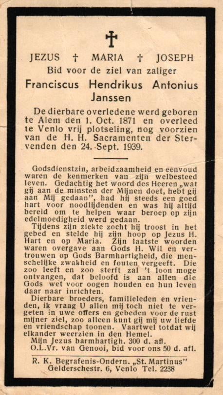 Janssen Franciscus Hendrikus Ant. Alem 1871-1939 Venlo, Ophalen of Verzenden