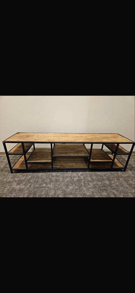 Stoere TV meubel van mangohout en staal - 180 cm, Huis en Inrichting, Kasten | Televisiemeubels, Ophalen, Gebruikt, 150 tot 200 cm