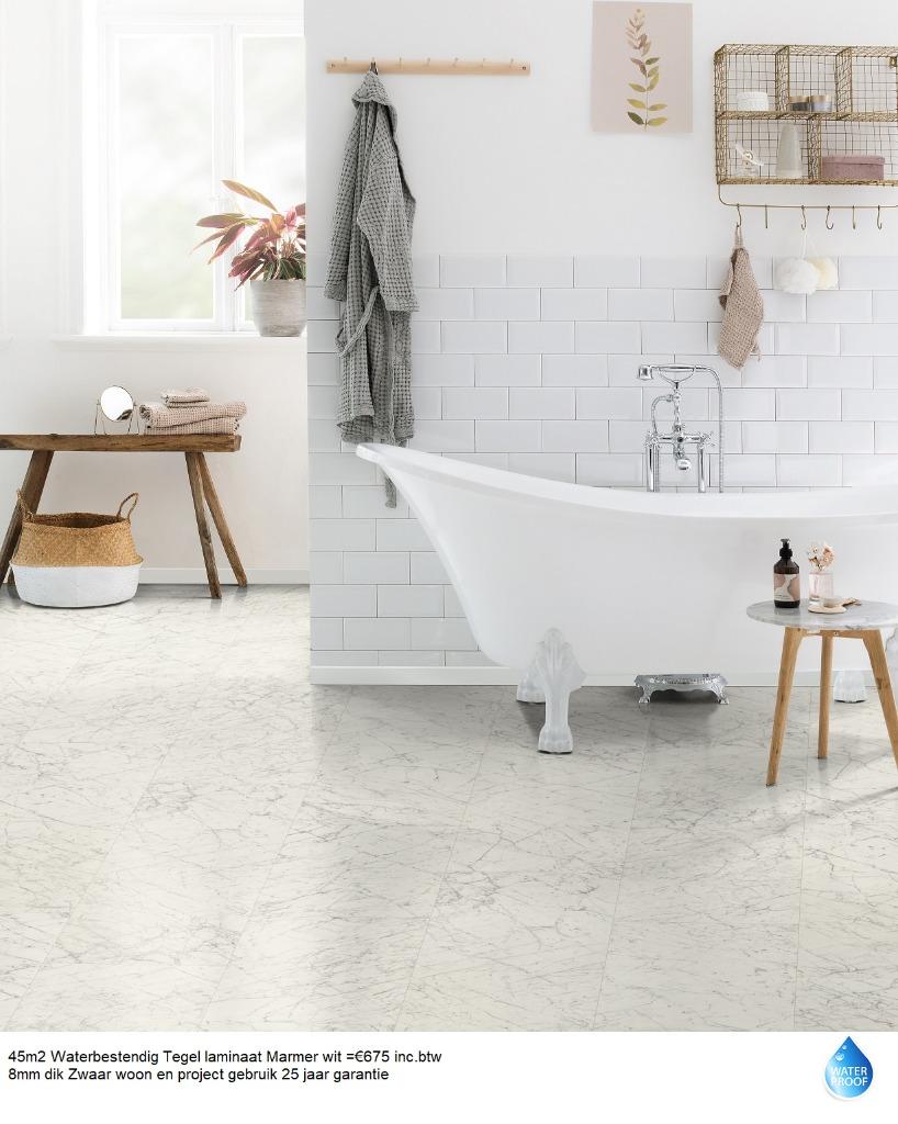 45m2 Waterbestendig Tegel laminaat Marmer wit =€675 inc.btw, 75 m² of meer, Wit, Nieuw, Ophalen of Verzenden
