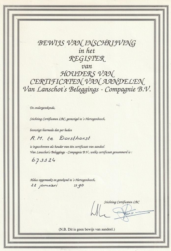 Van Lanschot Beleggings-Compagnie BV Cert v Aandeel RARE, Postzegels en Munten, Aandelen en Waardepapieren, Verzenden, 1970 tot heden