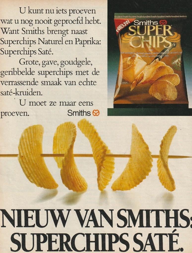 Retro reclame 1986 Smiths chips superchips met sateh, Verzenden, Overige typen