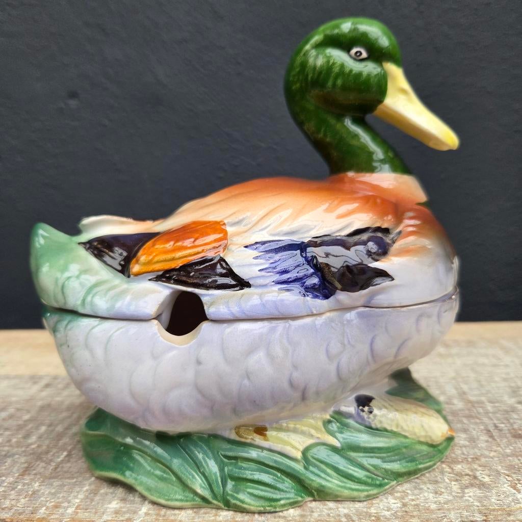 Vintage barbotine aardewerk terrine Eend, Antiek en Kunst, Ophalen of Verzenden