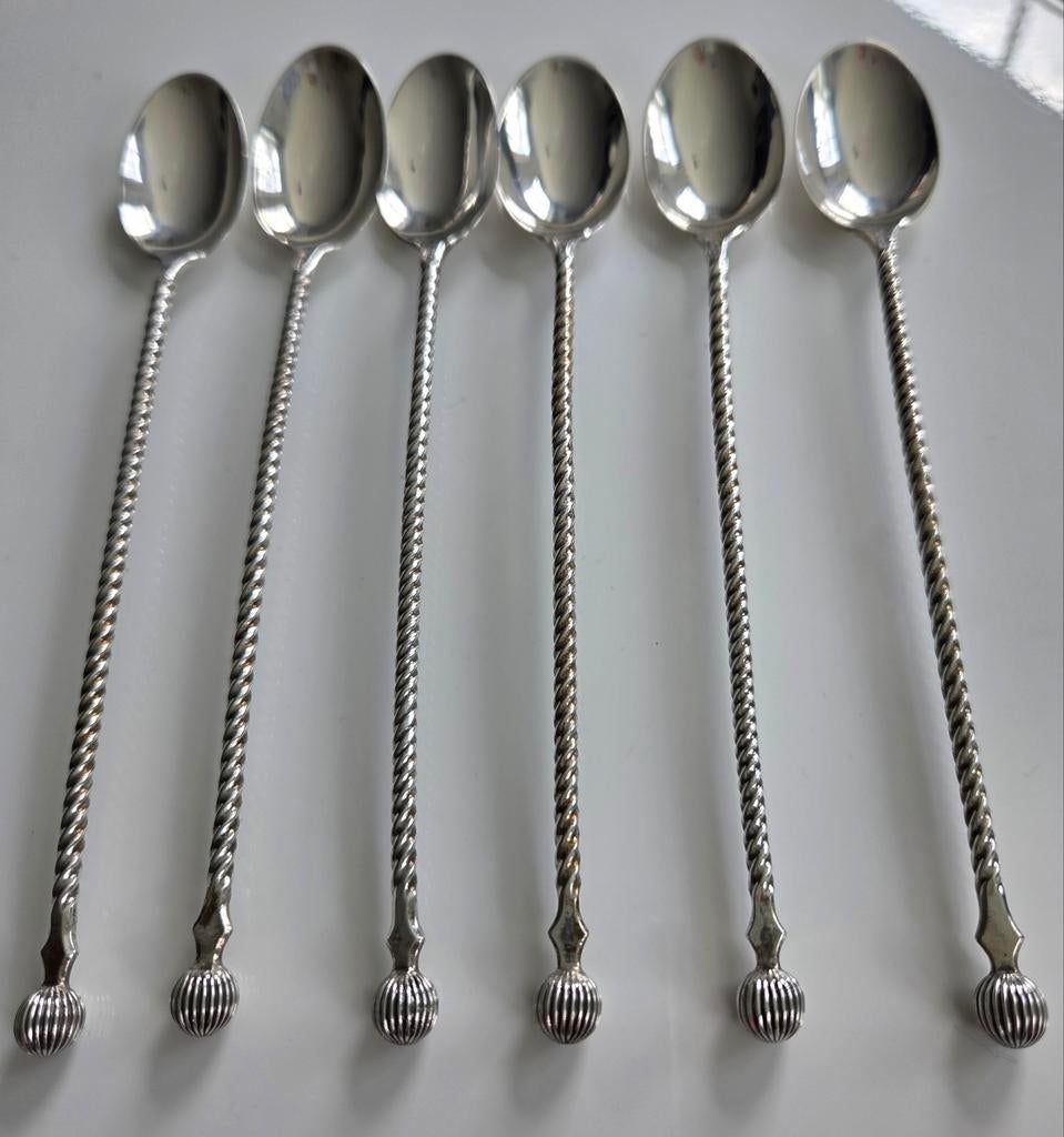 6 zilveren ijs/longdrink/latte lepel getorste dessert 16,5cm, Antiek en Kunst, Ophalen of Verzenden