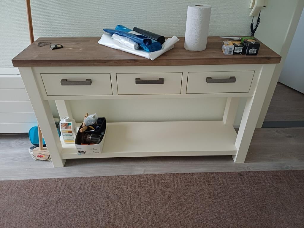 Stijlvolle bijzettafel met lades en opbergplank, Huis en Inrichting, Tafels | Sidetables, Ophalen, Gebruikt, Landelijk, 150 tot 200 cm