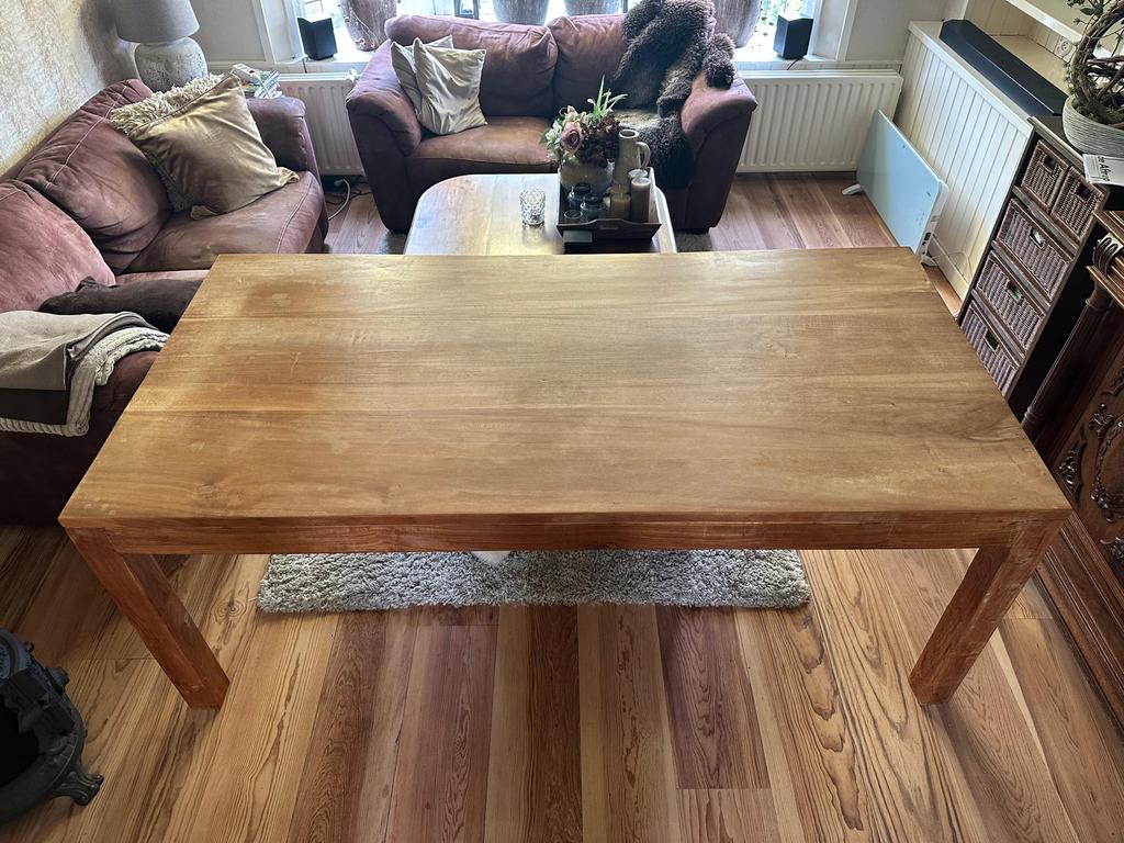 Robuuste Teakhouten Eettafel - 200x100 cm, Ophalen, Gebruikt, 100 tot 150 cm, Teakhout