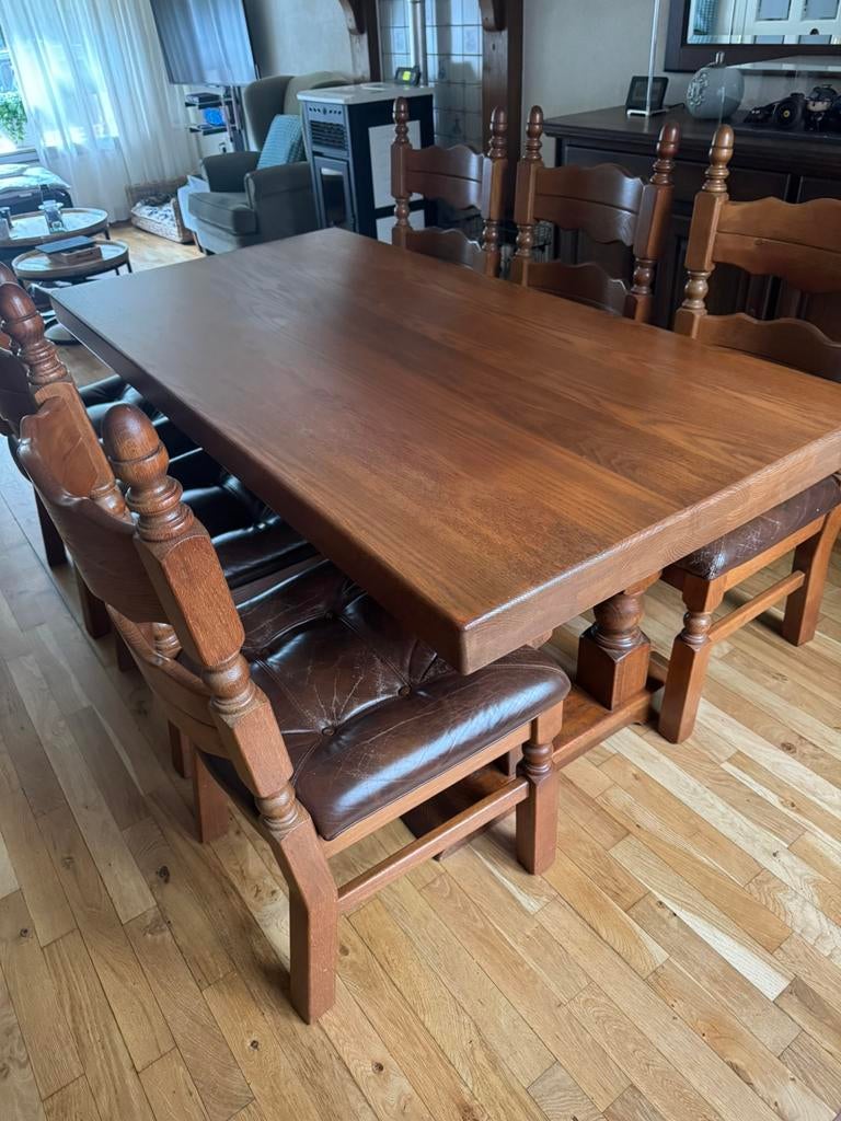 Eiken tafel 180 x 90. Met 6 stoelen compleet, Ophalen, Gebruikt, Eikenhout, 50 tot 100 cm
