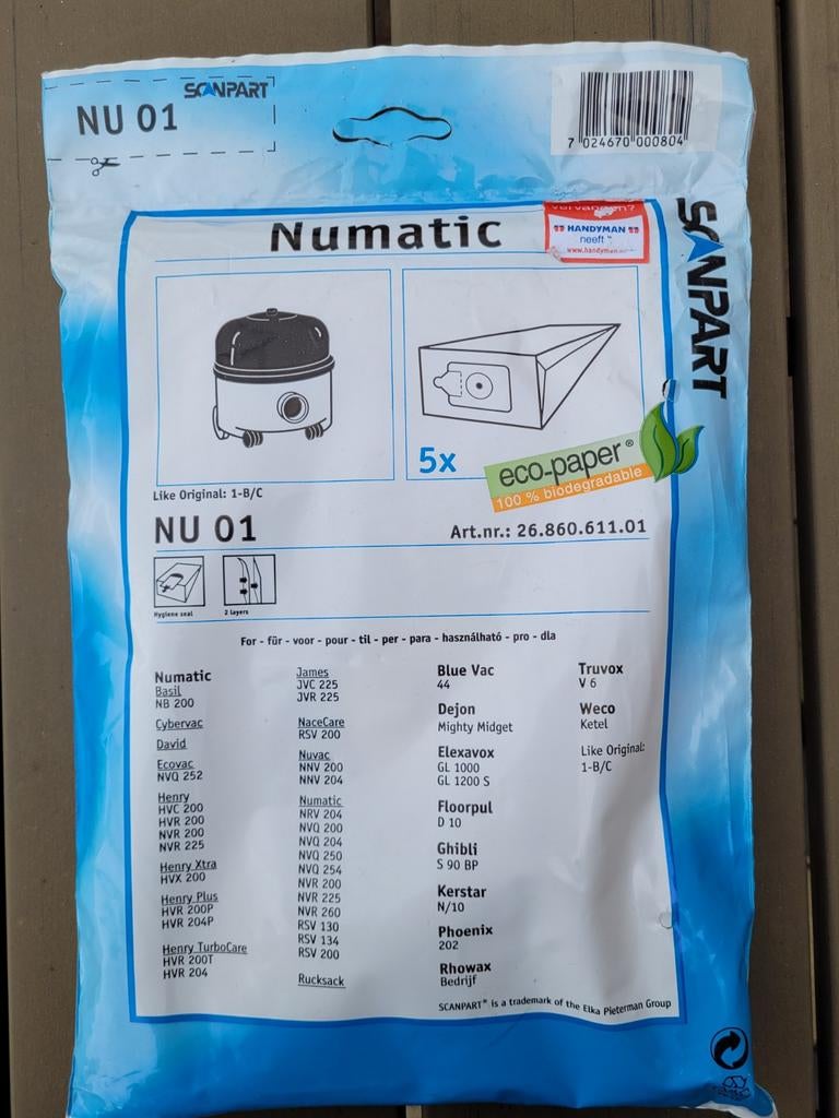 Numatic stofzuigerzakken NU 01 - 5 stuks - Eco-paper, Ophalen of Verzenden, Nieuw