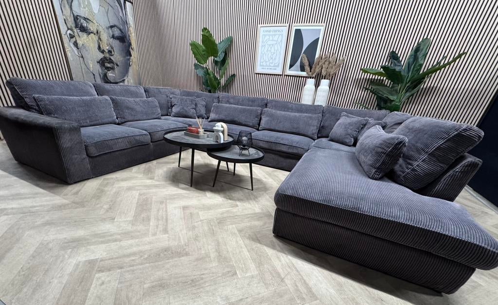 Royale Ribstof U-Bank / Hoekbank - Grijs - 398cm, -, Hoekbank, 300 cm of meer, Ophalen of Verzenden