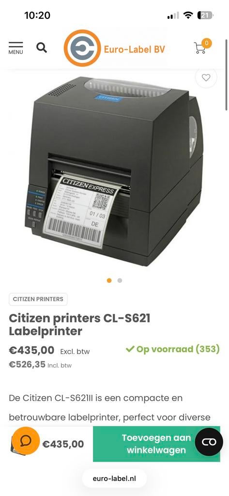 Citizen CL-S621 Labelprinter, Ophalen of Verzenden, Gebruikt, Etiket