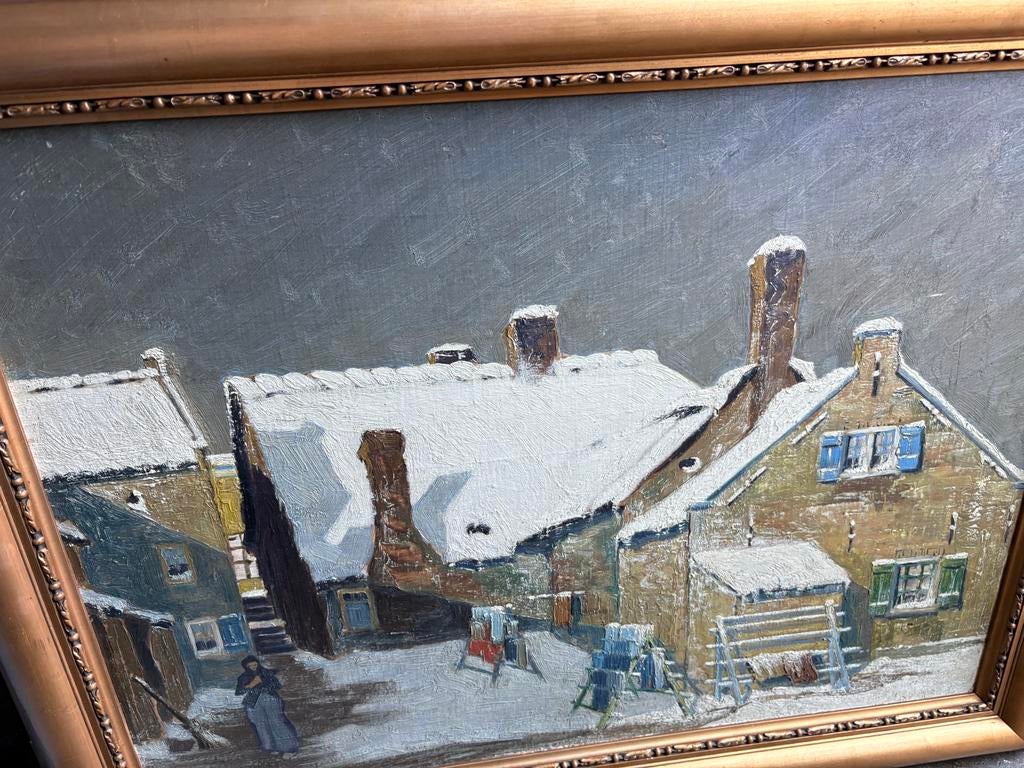Olieverfschilderij: Winterlandschap met huizen en sneeuw, Antiek en Kunst, Kunst | Schilderijen | Klassiek, Ophalen