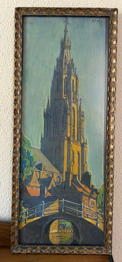 Toren van de Nieuwe Kerk in Delft - krijttekening, Ophalen of Verzenden