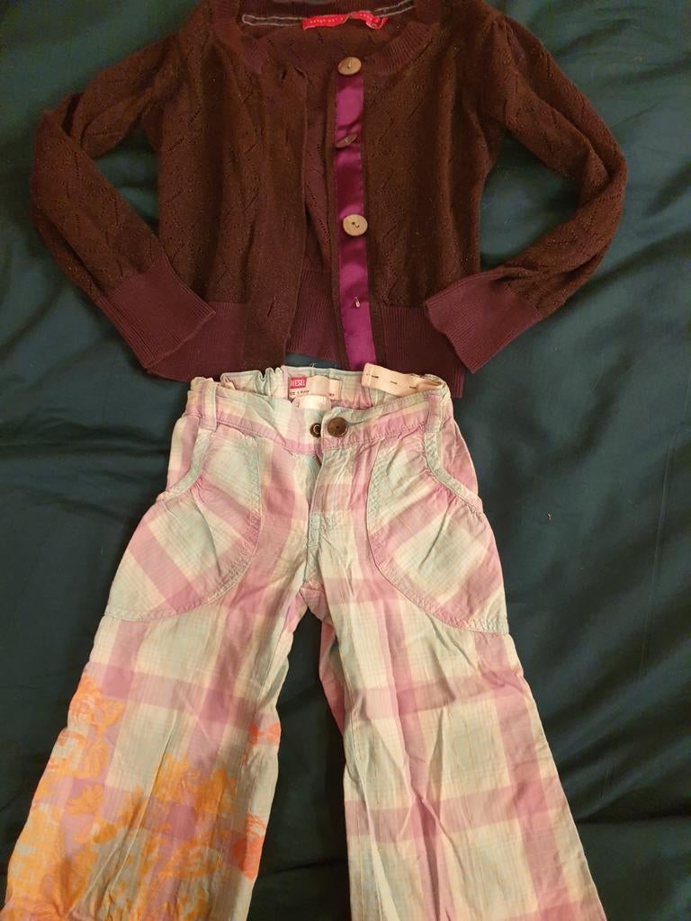 Bengh glitter vestje Diesel broek flair 110 116, Ophalen of Verzenden, Gebruikt, Meisje, Broek