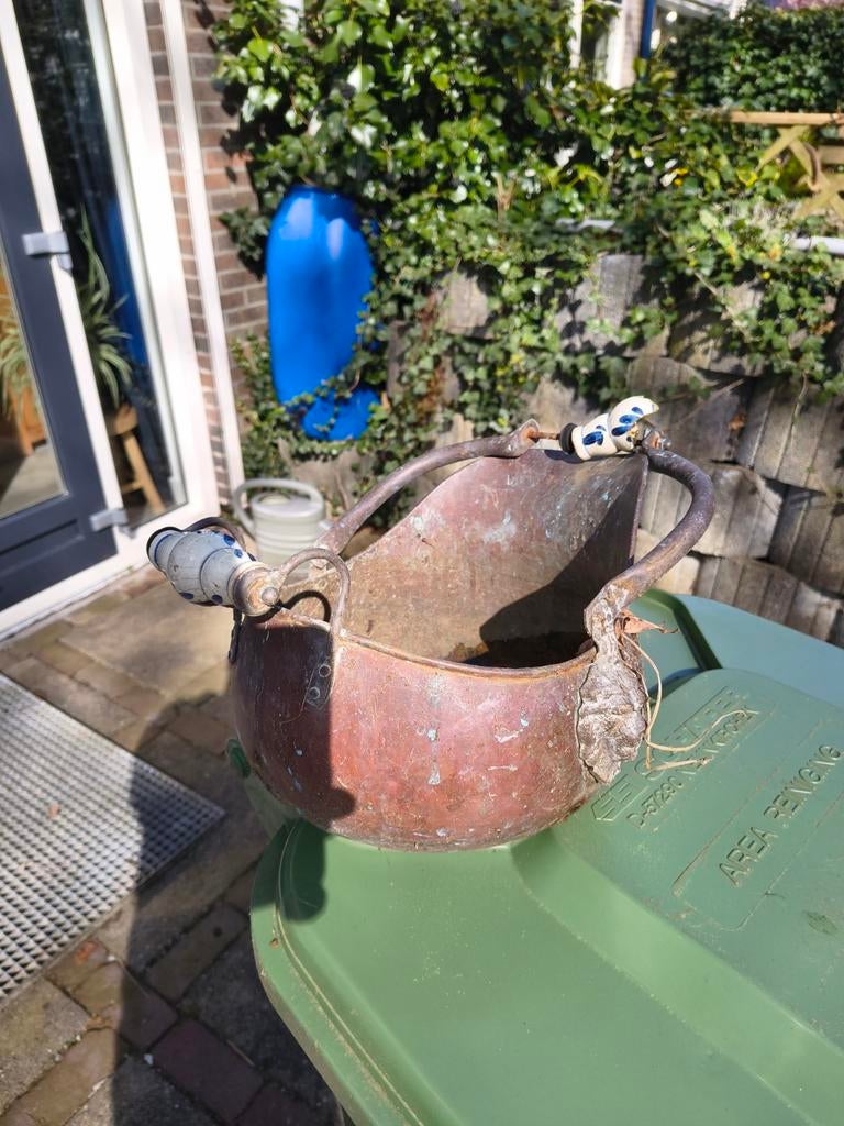 Koperen bloembak met handvatten, Ophalen, Rond, Metaal, Binnen