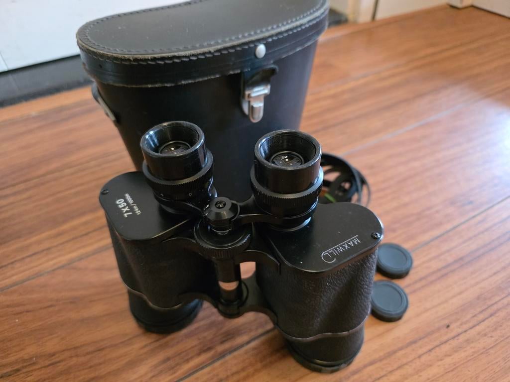 Maxwell 7x50 verrekijker met leren tas, Minder dan 8x, Zo goed als nieuw, Met hoes of tas, Porro (met knik)