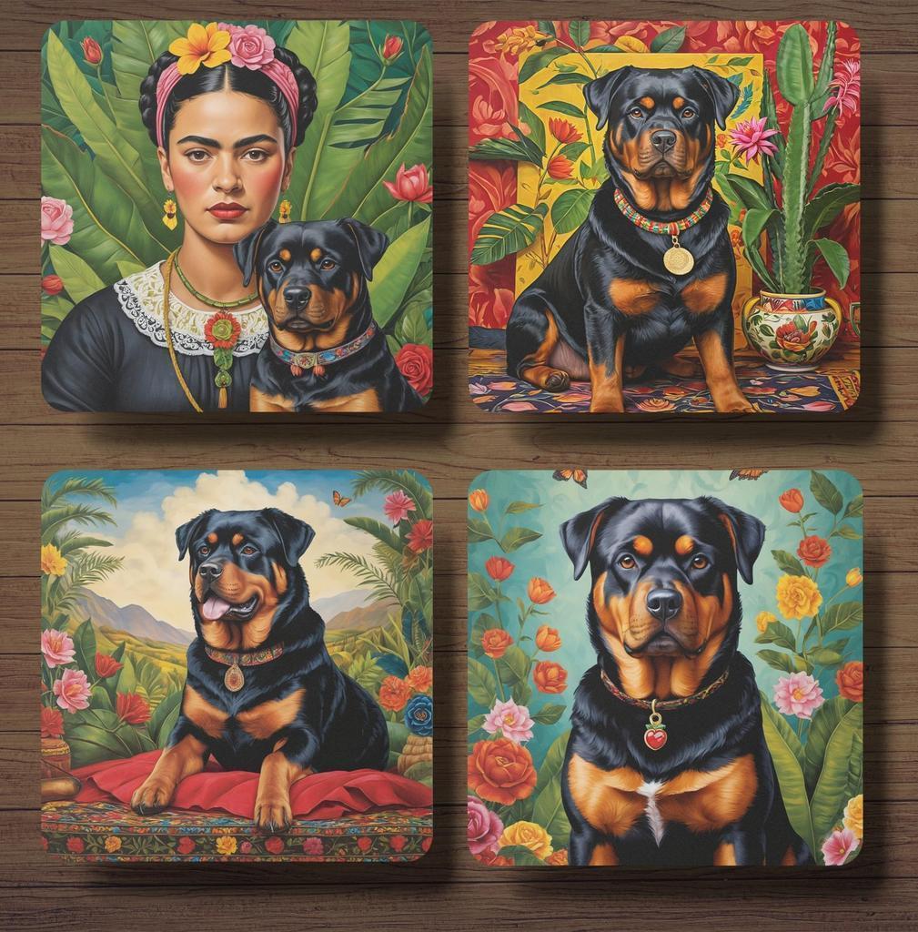 Rottweiler Frida Kahlo onderzetters met houder, Huis en Inrichting, Ophalen of Verzenden, Nieuw, Glas of Kopje