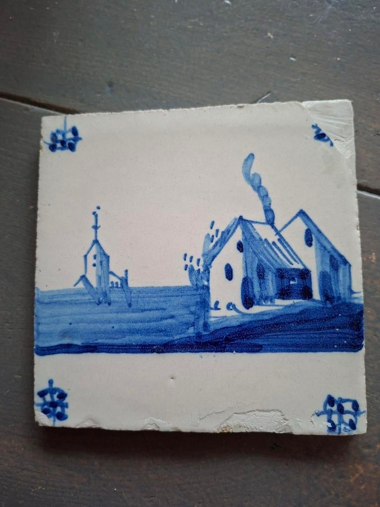 Antieke Delfts Blauwe Tegel met Hollands Landschap, Ophalen of Verzenden