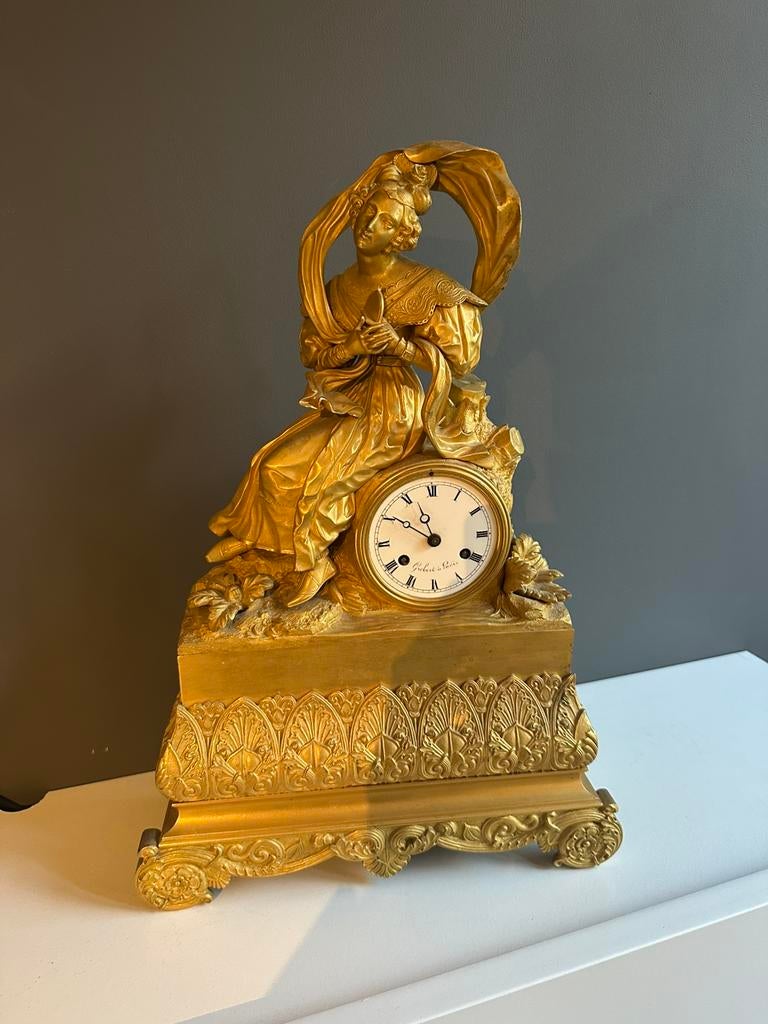 Antieke Franse bronzen pendule – “Grebert à Paris” – verguld, Antiek en Kunst, Antiek | Klokken, Ophalen of Verzenden