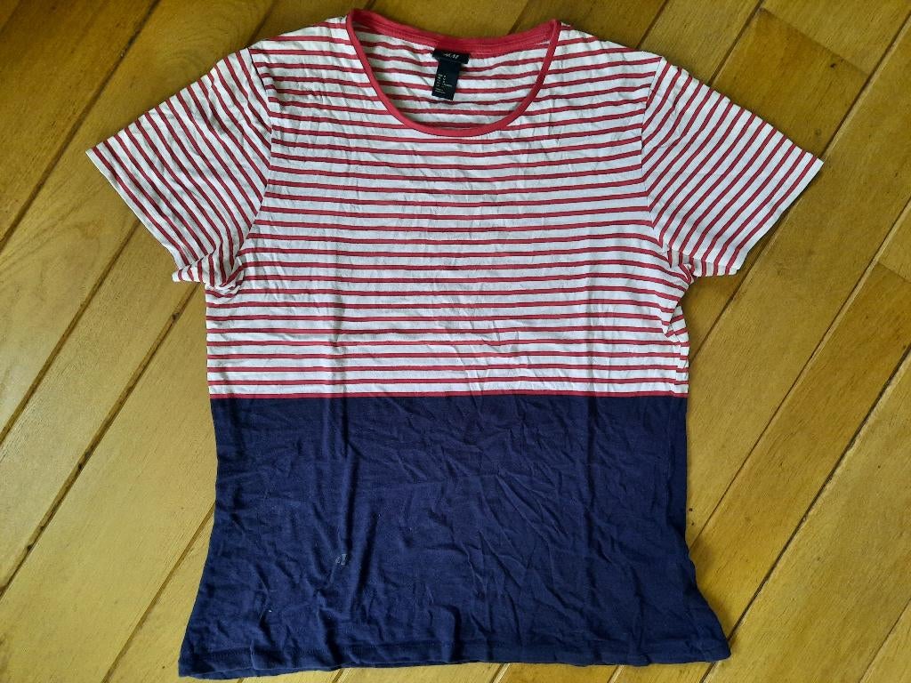 H&M t- shirt rood beige streep met blauw maat M, H&M, Ophalen of Verzenden, Zo goed als nieuw, Korte mouw