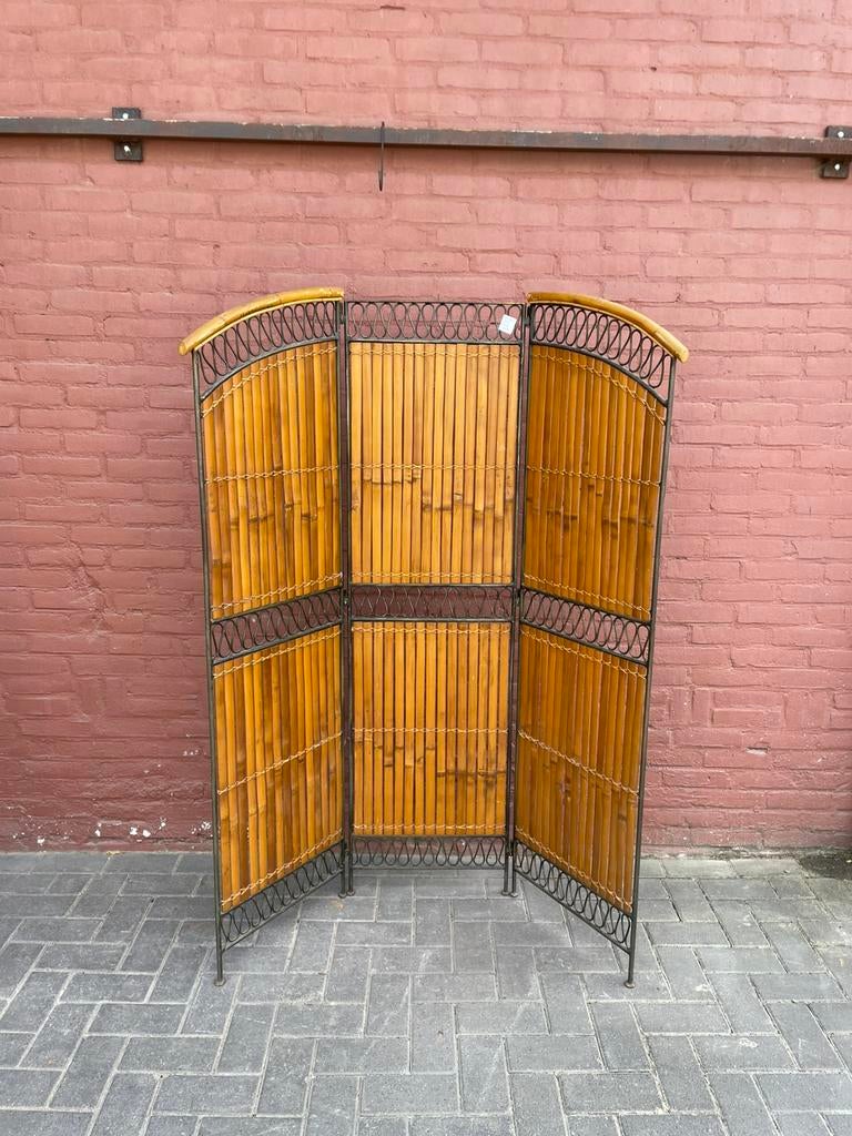 Vintage 3-slag kamerscherm van metaal met bamboe, Ophalen of Verzenden