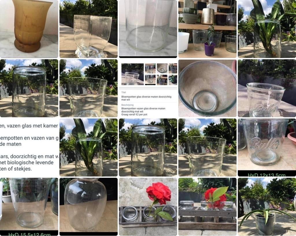 Diverse bloempotten/vazen van glas verschillende kleuren, Overige kleuren, Ophalen of Verzenden, Minder dan 50 cm, Glas