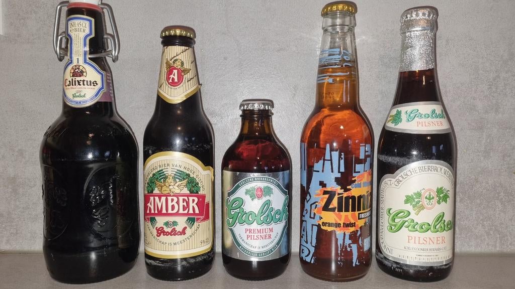 Oude Grolsch verzamelset – Calixtus, Amber, Zinniz & Pilsner, Ophalen of Verzenden, Zo goed als nieuw, Glas of Glazen, Grolsch
