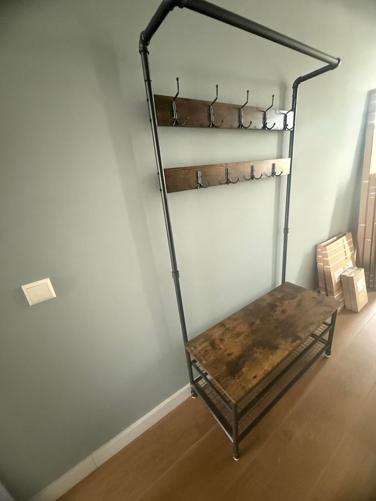 Industriële kapstok met schoenenrek en bankje, Huis en Inrichting, Woonaccessoires | Kapstokken, Ophalen, Zo goed als nieuw, Metaal