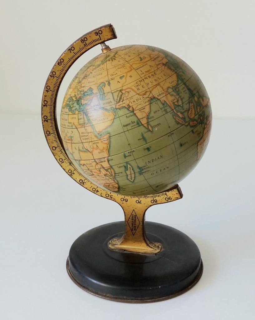 Oude Blikken Bureau Globe tafel model Wereldbol Blik, Antiek en Kunst, Verzenden
