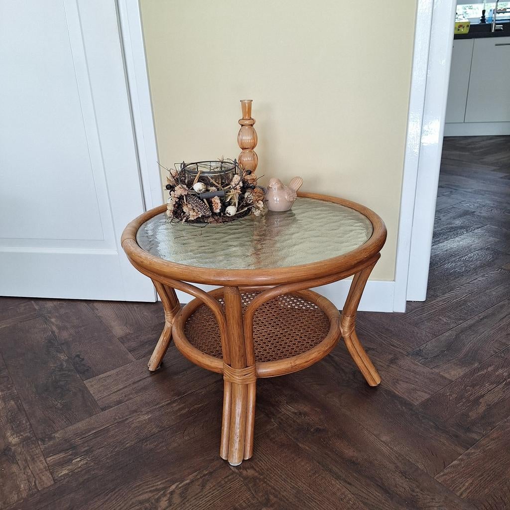 Rotan salontafel met glasplaat, Ophalen, 50 tot 100 cm, Rond, 50 tot 100 cm