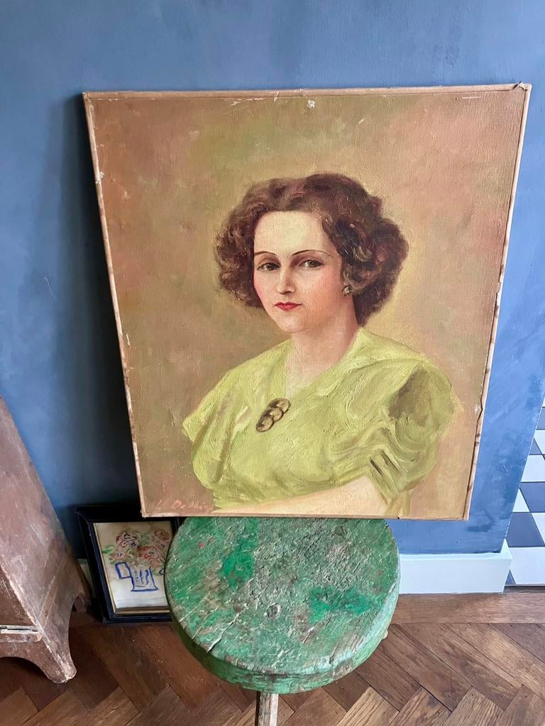 Groot oud (Frans) schilderij van een vrouw op linnen doek, Antiek en Kunst, Kunst | Schilderijen | Klassiek, Ophalen