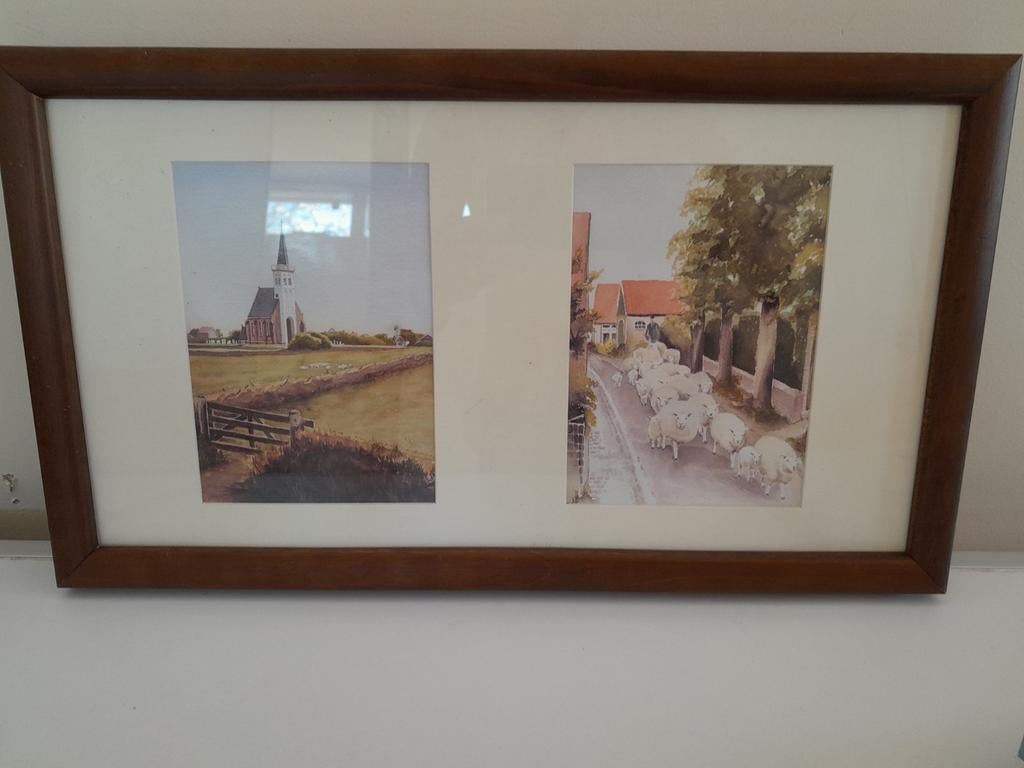 Ingelijste aquarel met twee landschappen, Antiek en Kunst, Ophalen of Verzenden