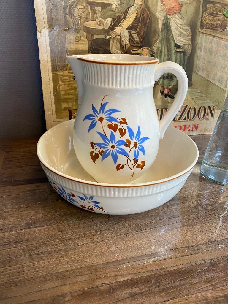 Brocante lampetstel/set kom en kan Steingut Colditz VEB, Ophalen of Verzenden