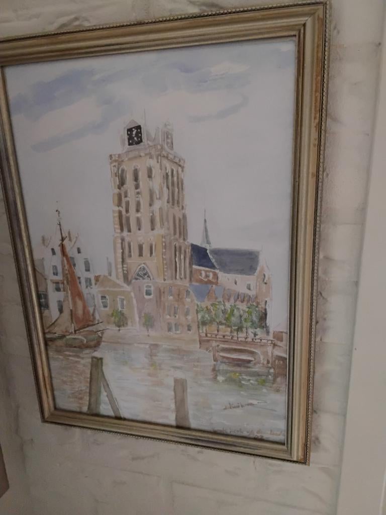 Aquarel Dordtse Dom - Grote Kerk Dordrecht 30x40 cm, Antiek en Kunst, Kunst | Schilderijen | Klassiek, Ophalen