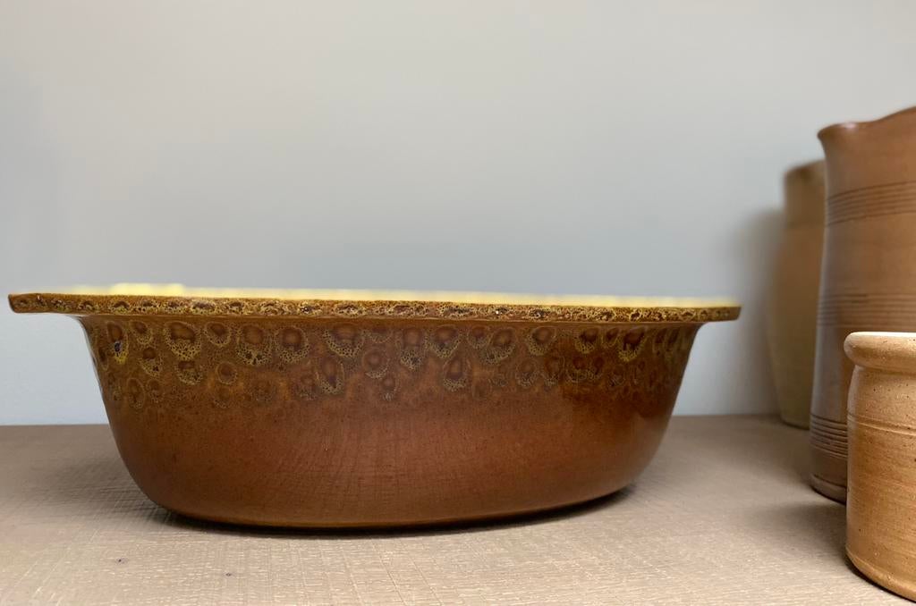 Grote bruin gele franse patéschaal, Gebruikt, Schaal, Ophalen of Verzenden, Ovaal