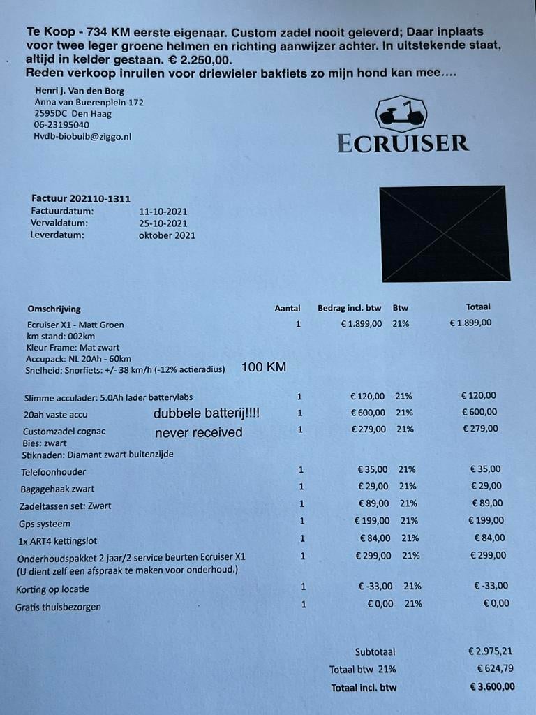 E-Cruiser X1 Matt Groen + dubbele accu, Fietsen en Brommers, Elektrisch, Ophalen, Overige merken