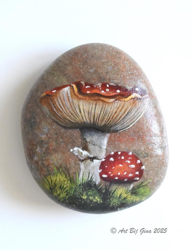 Vliegenzwammen geschilderd op een mooie riviersteen, Ophalen of Verzenden