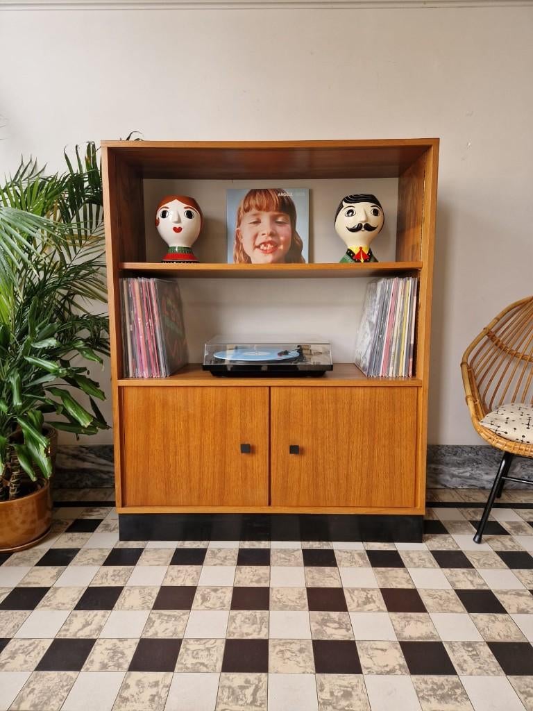 Vintage midcentury boekenkast | platenspeler meubel | kast, Ophalen, 100 tot 150 cm, 25 tot 50 cm, Gebruikt