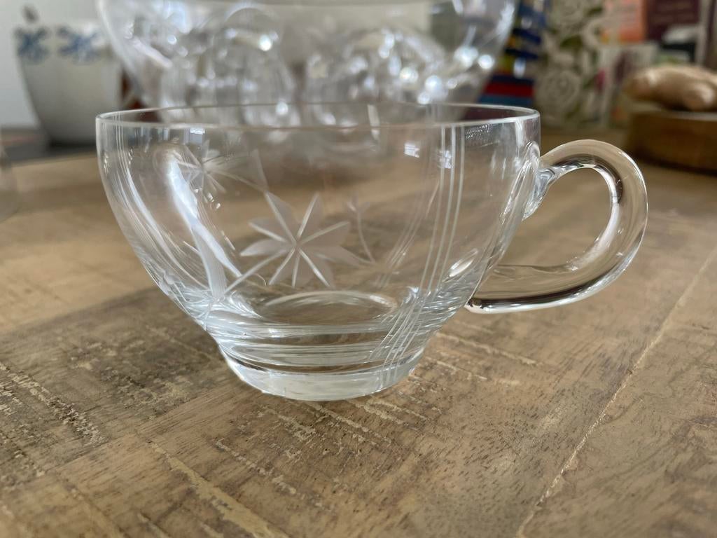 Glazen Gegraveerde Bowlset met 8 Glaasjes en Lepel, Antiek en Kunst, Ophalen