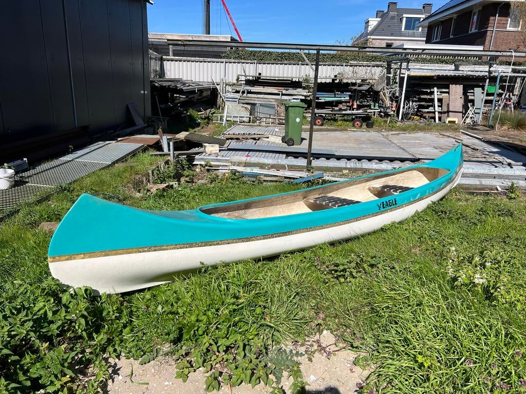 Canadese kano Eagle met motor, peddels en transportkarretje, Ophalen, Gebruikt, Met peddels, Twee personen