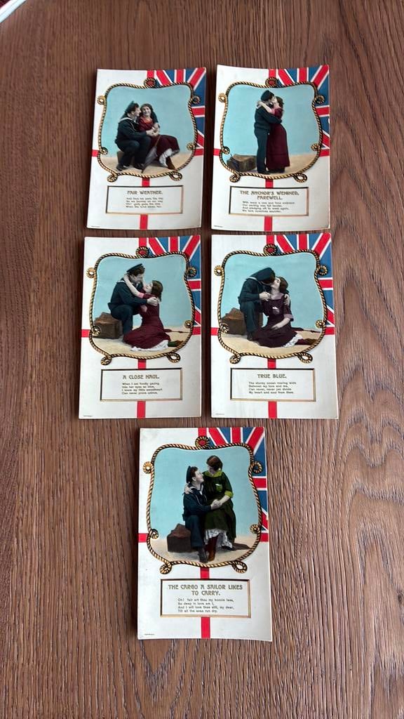 5 mooie glanskaarten. Matroos en de liefde., Ophalen of Verzenden, Voor 1920, Overige thema's