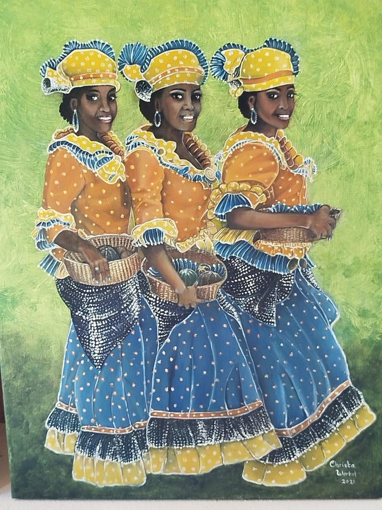 Schilderij drie dames uit Curaçao, Antiek en Kunst, Ophalen