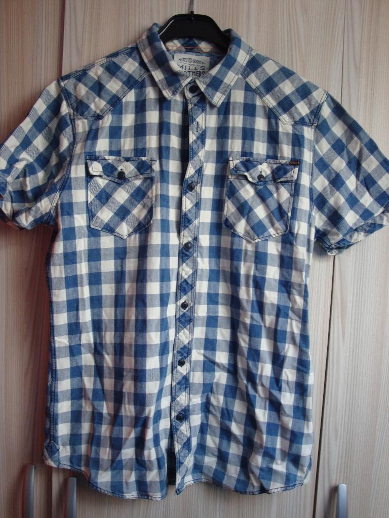 Blauw met cloud dancer geblokt korte mouwen overhemd. Maat L, Ophalen of Verzenden, Zo goed als nieuw, Overige kleuren, Halswijdte 41/42 (L)