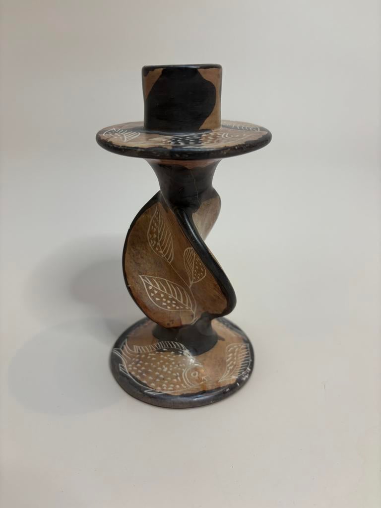 Handgesneden Speksteen Kandelaar met Blad- en Visdecor, Overige materialen, Gebruikt, Bruin, Ophalen of Verzenden