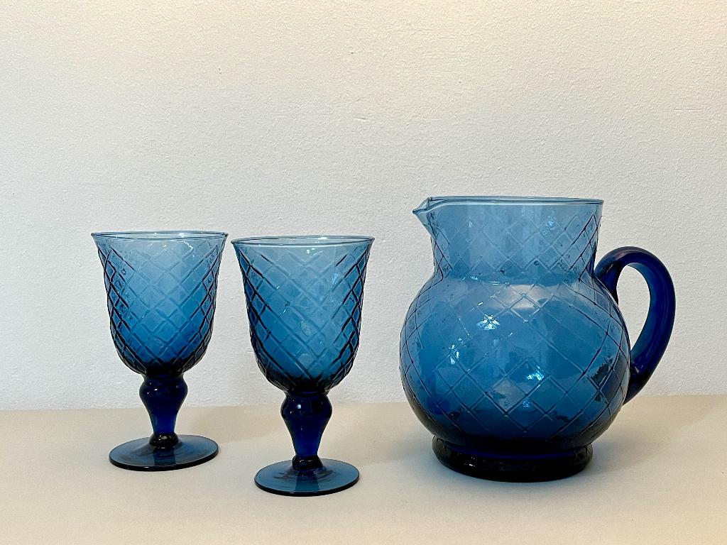 Mooie blauwe karaf met bijbehorende glazen, Glas of Glazen, Ophalen of Verzenden, Overige stijlen, Glas