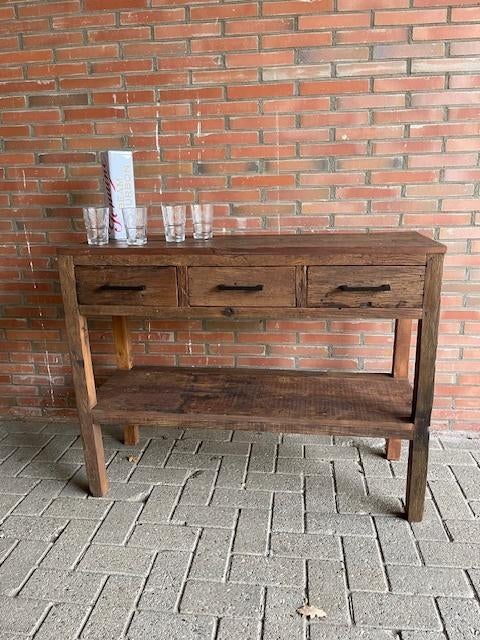 Sidetable 110 cm massief oud hout 3 lades voorraad, 100 tot 150 cm, Verzenden, 3 of 4 laden, Minder dan 100 cm