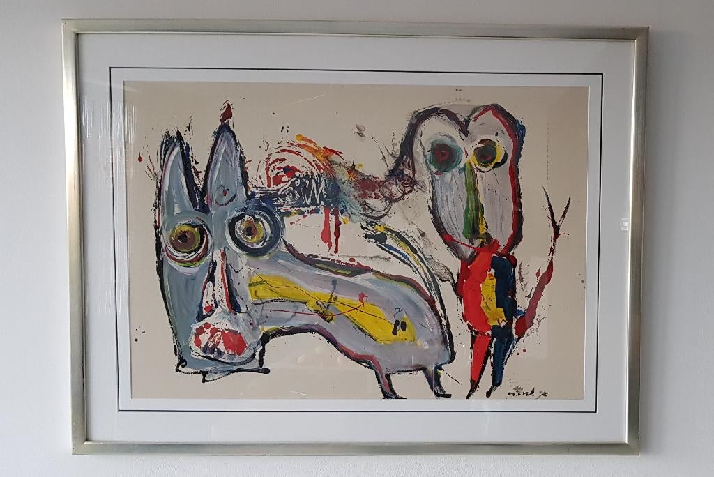 Jan te Wierik fantasie figuur hond olieverf papier 92x122cm, Ophalen