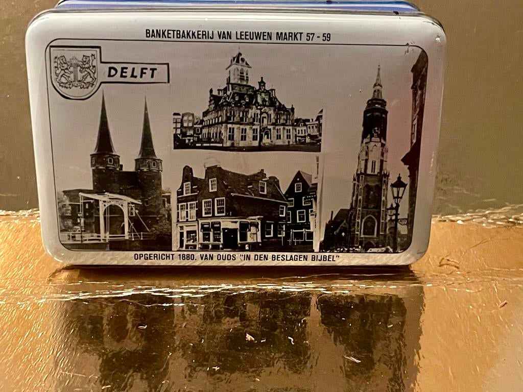 Vintage Delftse Koektrommel - Banketbakkerij van Leeuwen, Verzamelen, Blikken, Ophalen of Verzenden, Gebruikt, Koek(jes), Overige merken